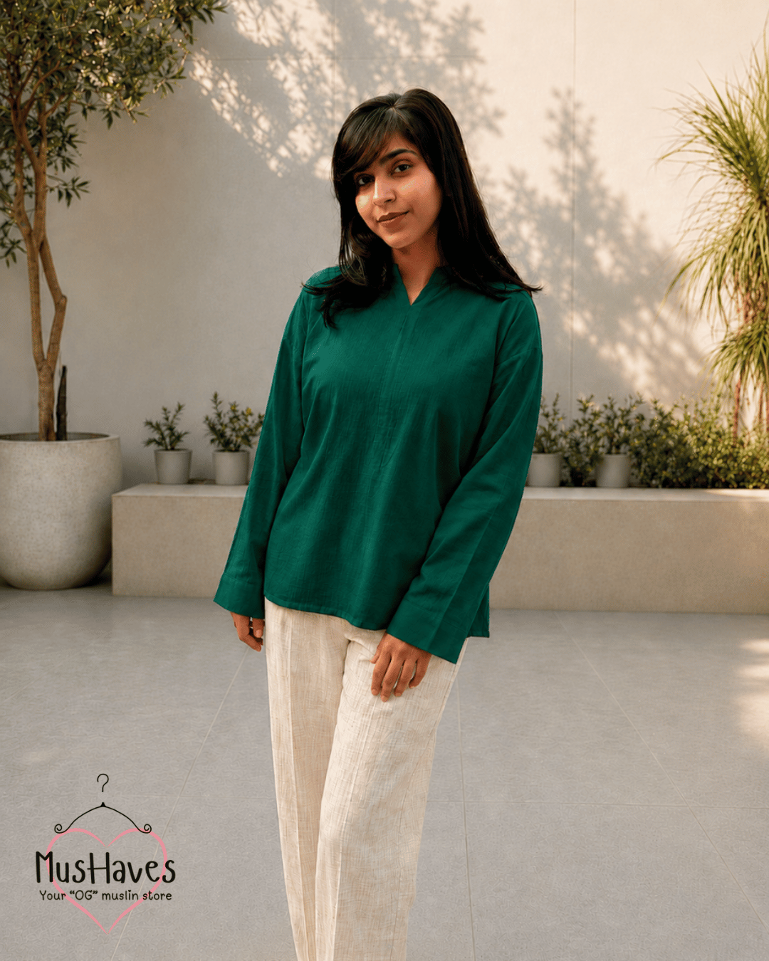 Muslin Longline Formal Tunic Top & Trouser Set – Forest Green × Beige