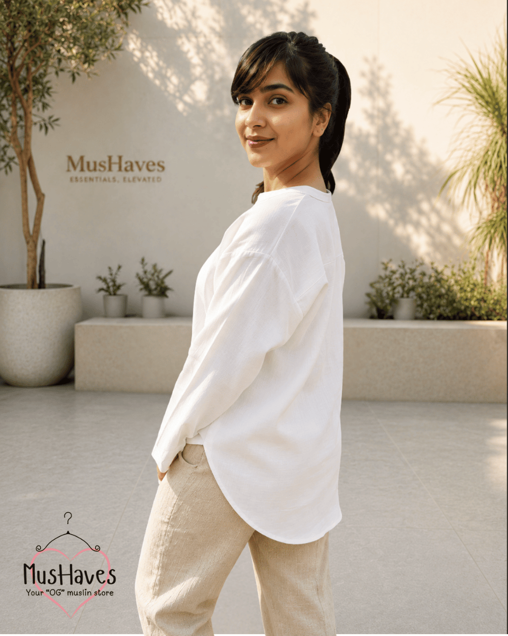 Muslin Longline Formal Tunic Top & Trouser Set – White × Beige