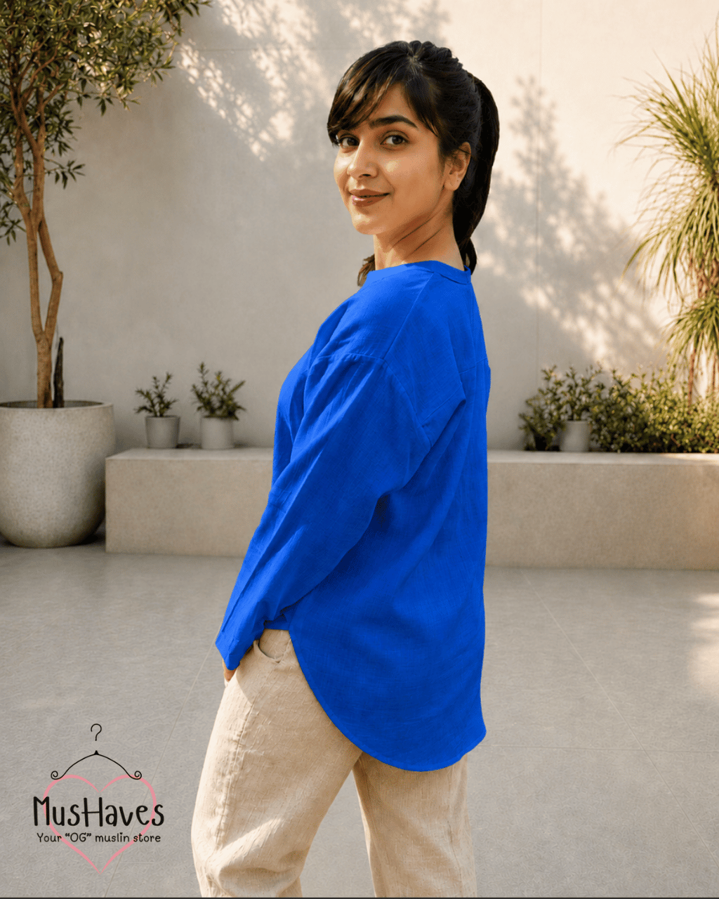 Muslin Longline Formal Tunic Top & Trouser Set – Cobalt × Beige