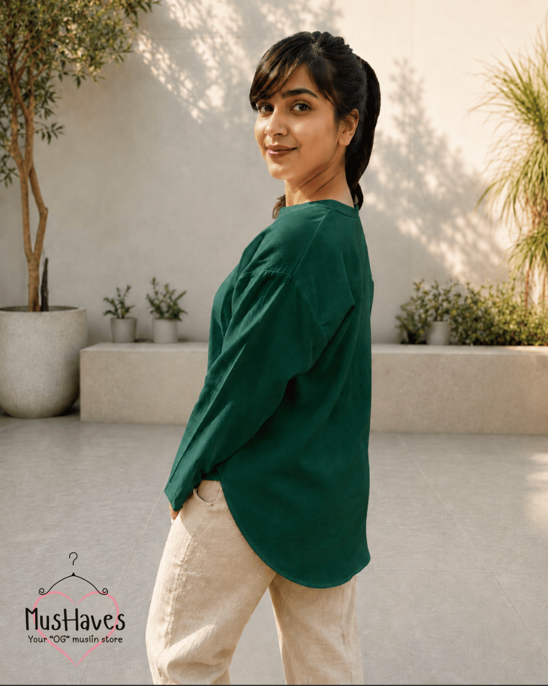 Muslin Longline Formal Tunic Top & Trouser Set – Forest Green × Beige