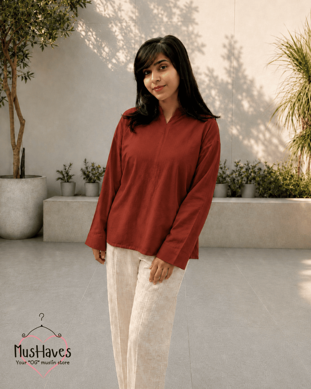 Muslin Longline Formal Tunic Top & Trouser Set – Maroon × Beige