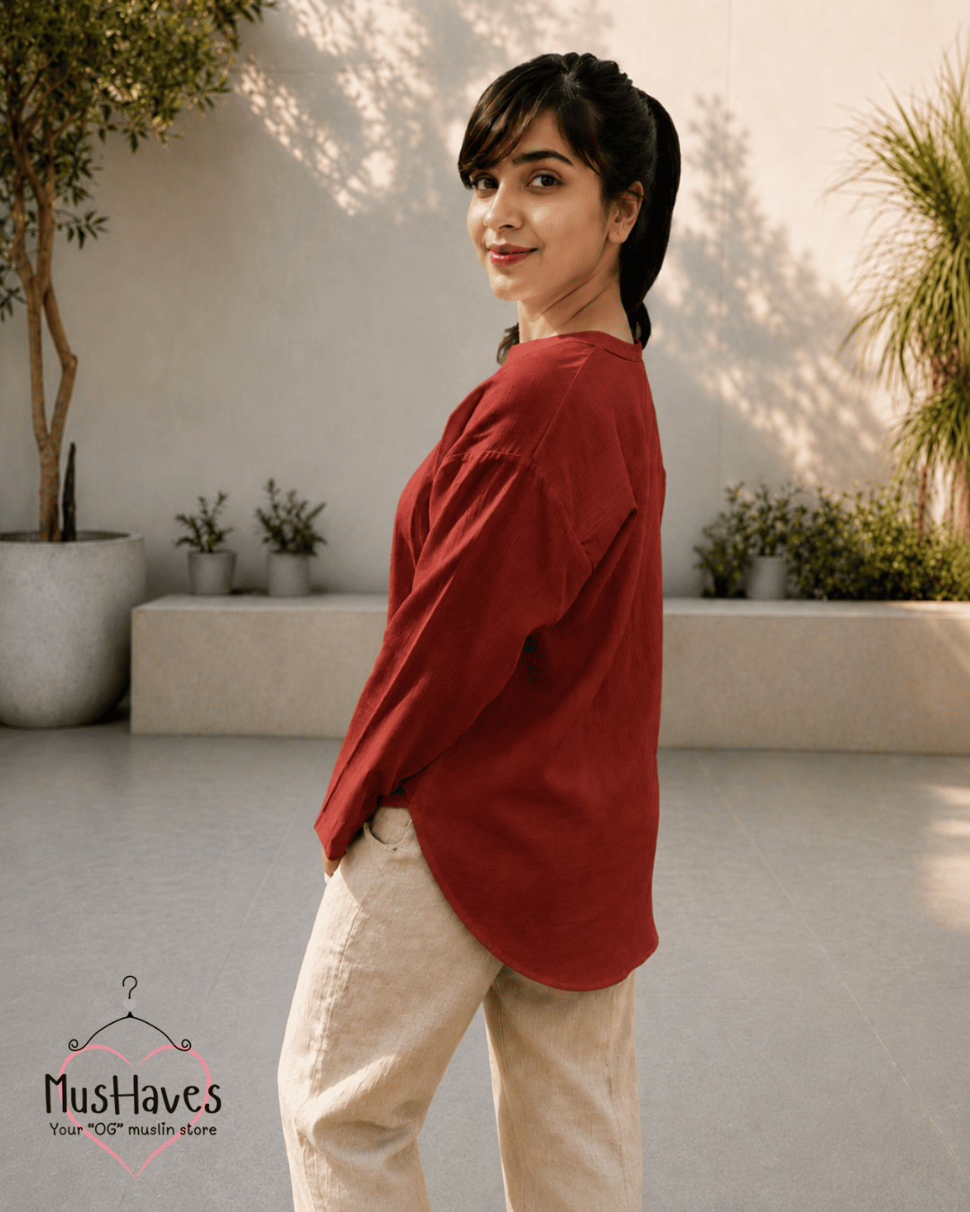 Muslin Longline Formal Tunic Top & Trouser Set – Maroon × Beige