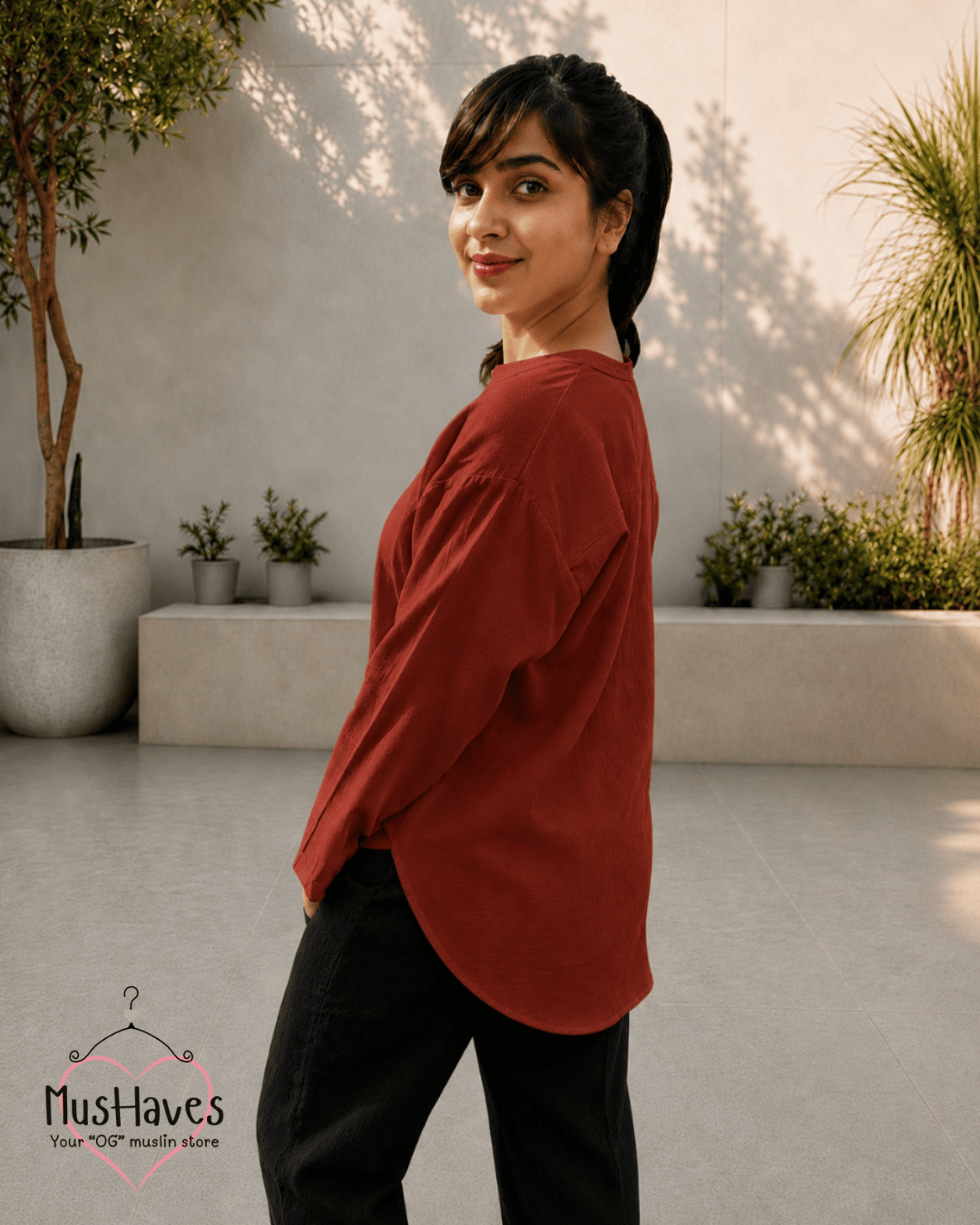 Muslin Longline Formal Tunic Top & Trouser Set – Maroon × Black