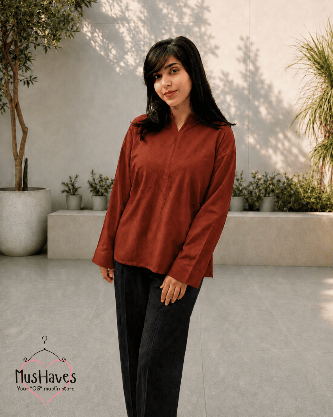 Muslin Longline Formal Tunic Top & Trouser Set – Maroon × Black