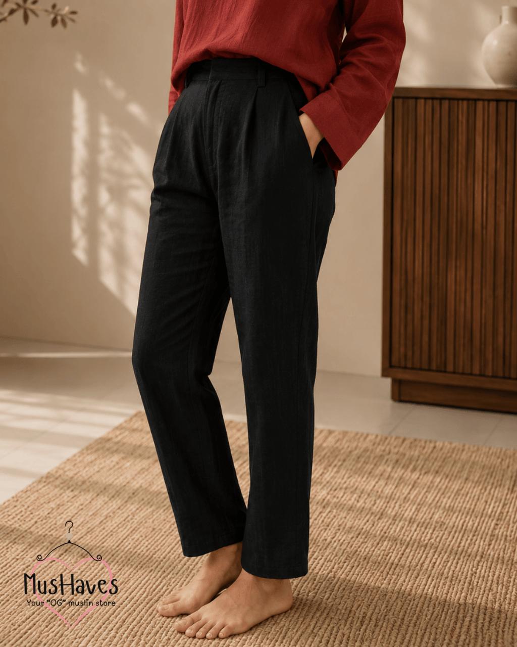 Muslin Longline Formal Tunic Top & Trouser Set – Maroon × Black