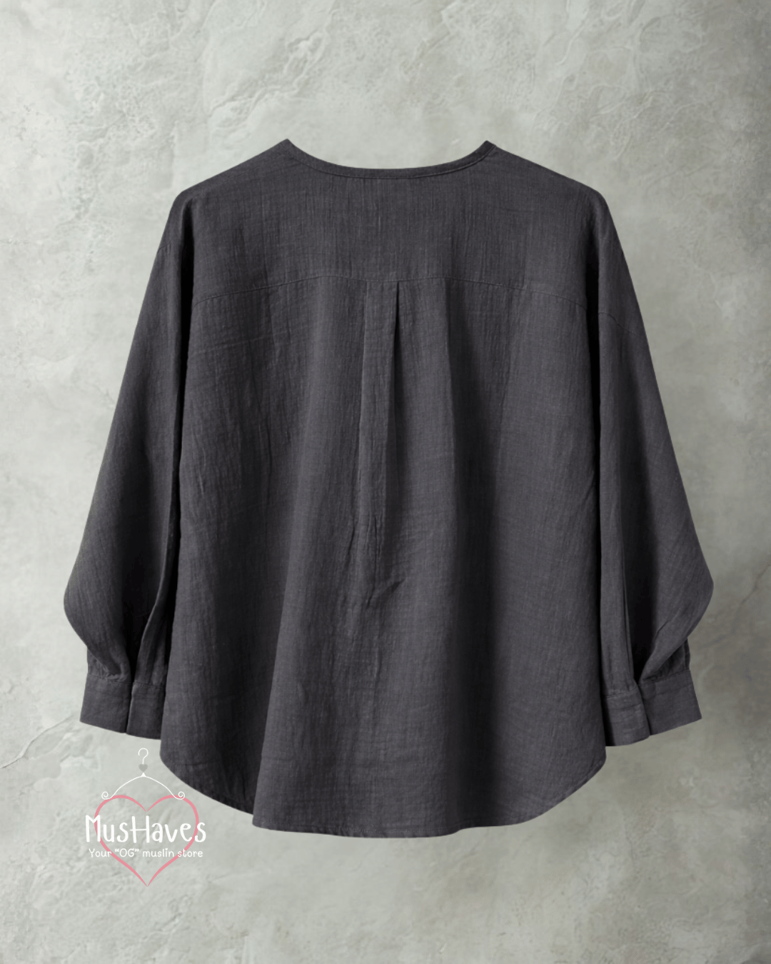 Women Premium Muslin Formal Blouse – 100% Double Gauze | Loose Fit | Silloute | Slit Round Neck | Charcoal Black