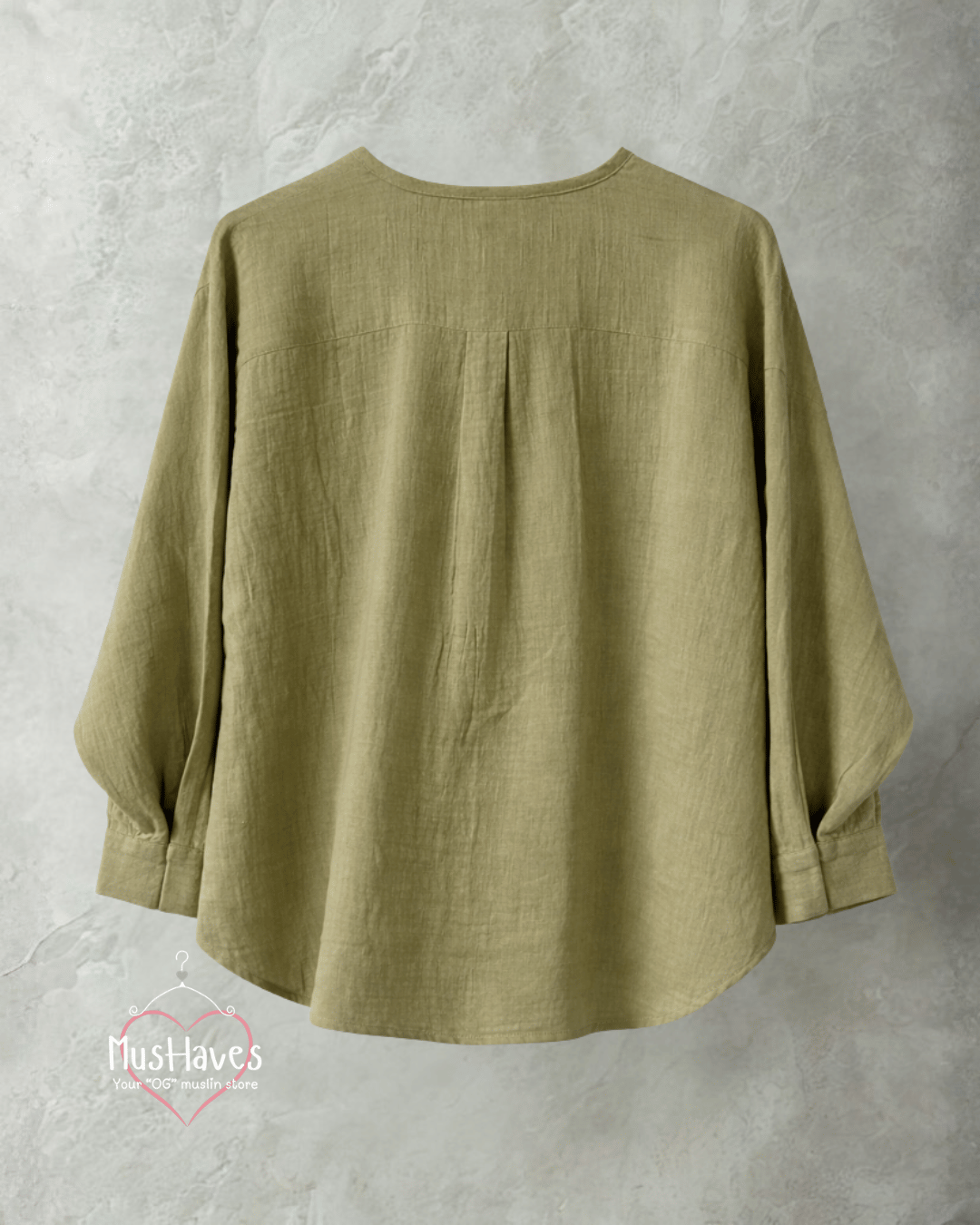 Women Premium Muslin Formal Blouse – 100% Double Gauze | Loose Fit | Silloute | Slit Round Neck | Olive Green