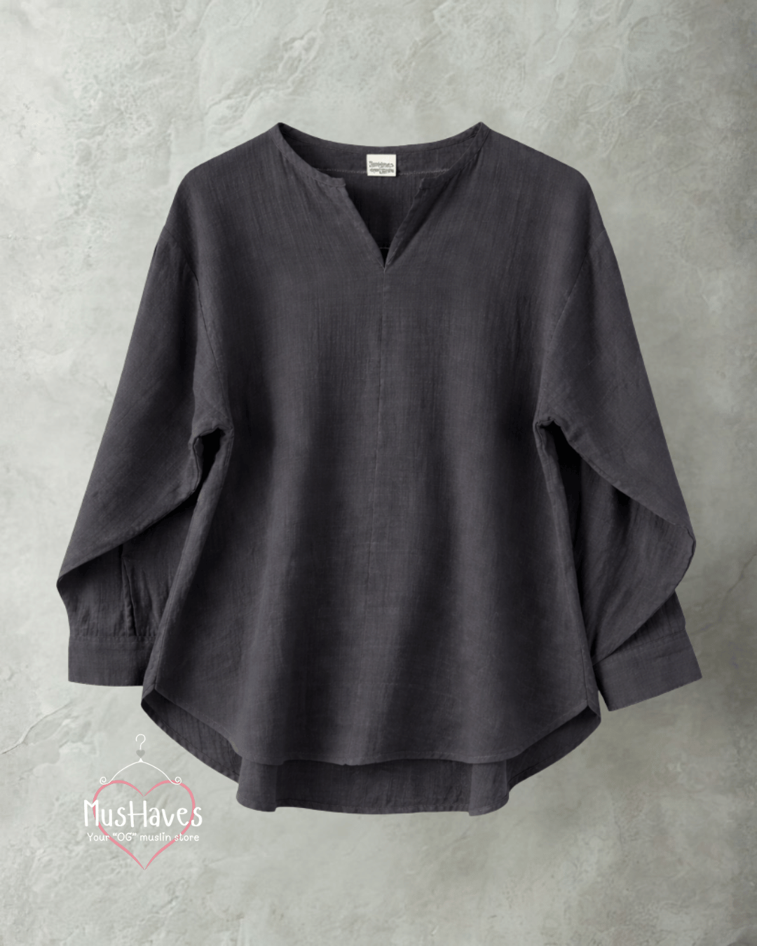 Women Premium Muslin Formal Blouse – 100% Double Gauze | Loose Fit | Silloute | Slit Round Neck | Charcoal Black