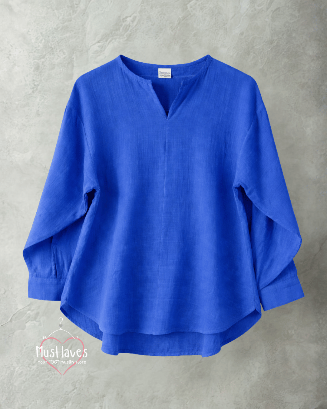 Women Premium Muslin Formal Blouse – 100% Double Gauze | Loose Fit | Silloute | Slit Round Neck | Cobalt Blue