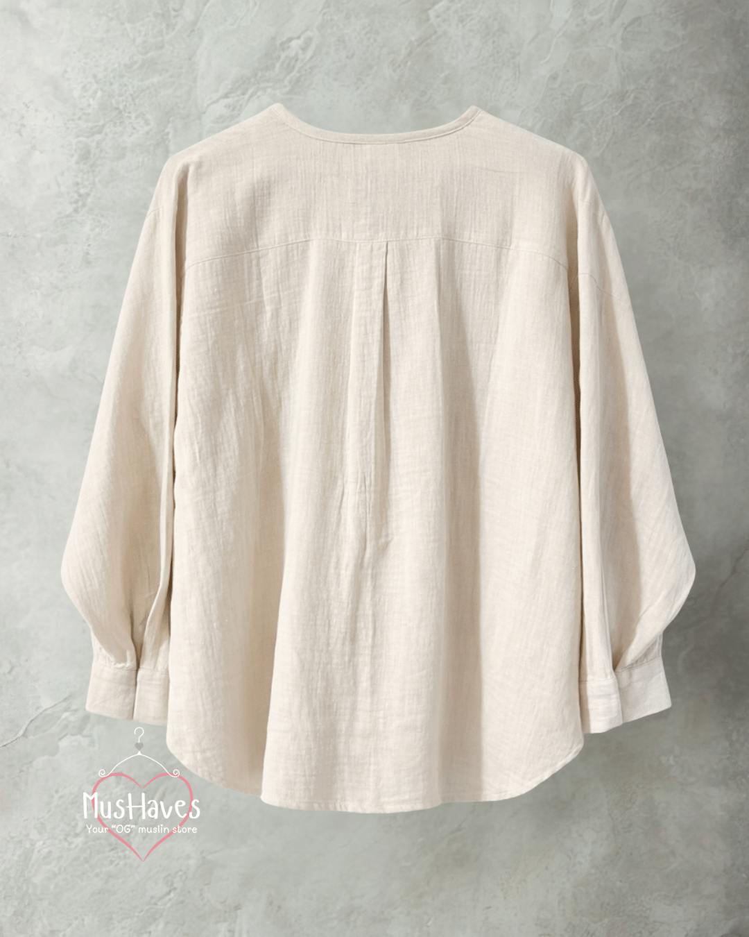 Women Premium Muslin Formal Blouse – 100% Double Gauze | Loose Fit | Silloute | Slit Round Neck | Beige