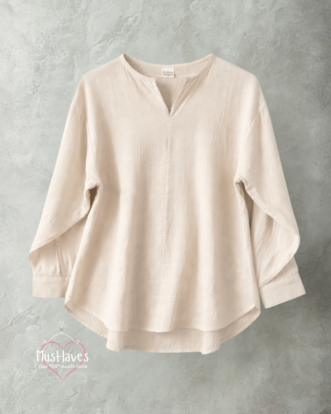 Women Premium Muslin Formal Blouse – 100% Double Gauze | Loose Fit | Silloute | Slit Round Neck | Beige