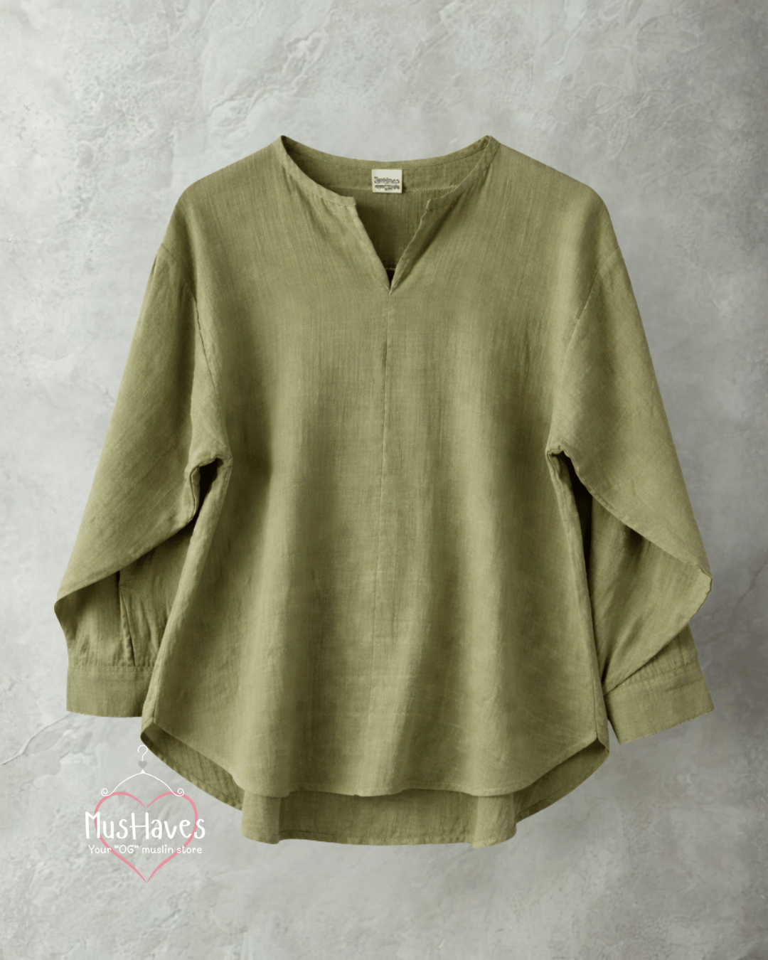 Women Premium Muslin Formal Blouse – 100% Double Gauze | Loose Fit | Silloute | Slit Round Neck | Olive Green