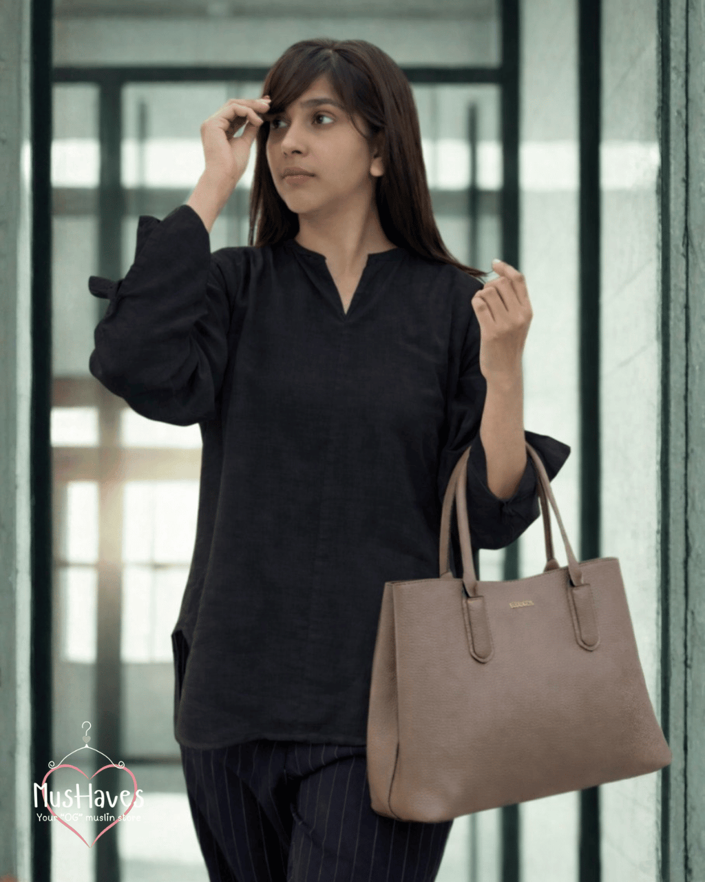 Muslin Full Sleeve Formal Tunic Top – Charcoal Black