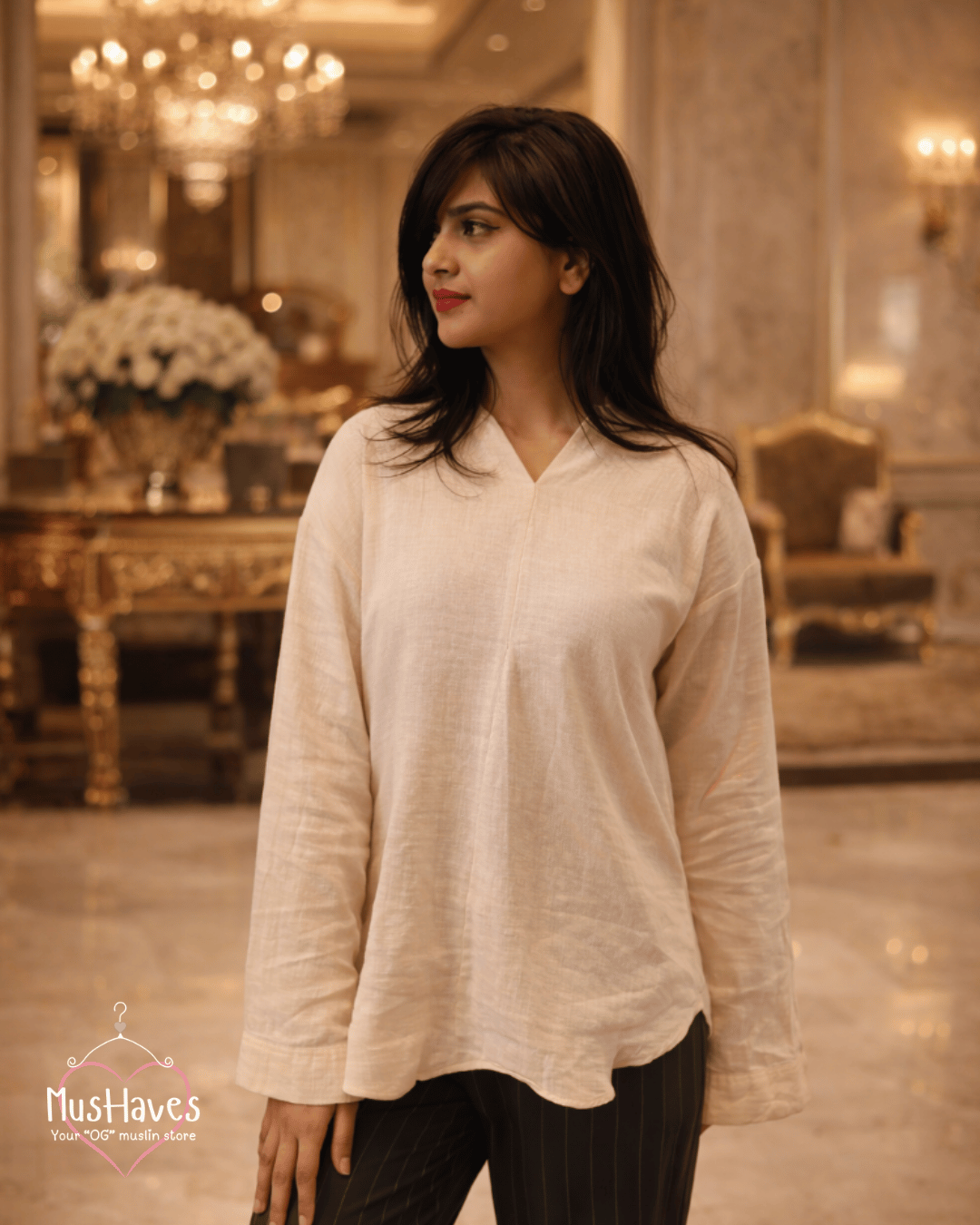 Women Premium Muslin Formal Blouse – 100% Double Gauze | Loose Fit | Silloute | Slit Round Neck | Beige