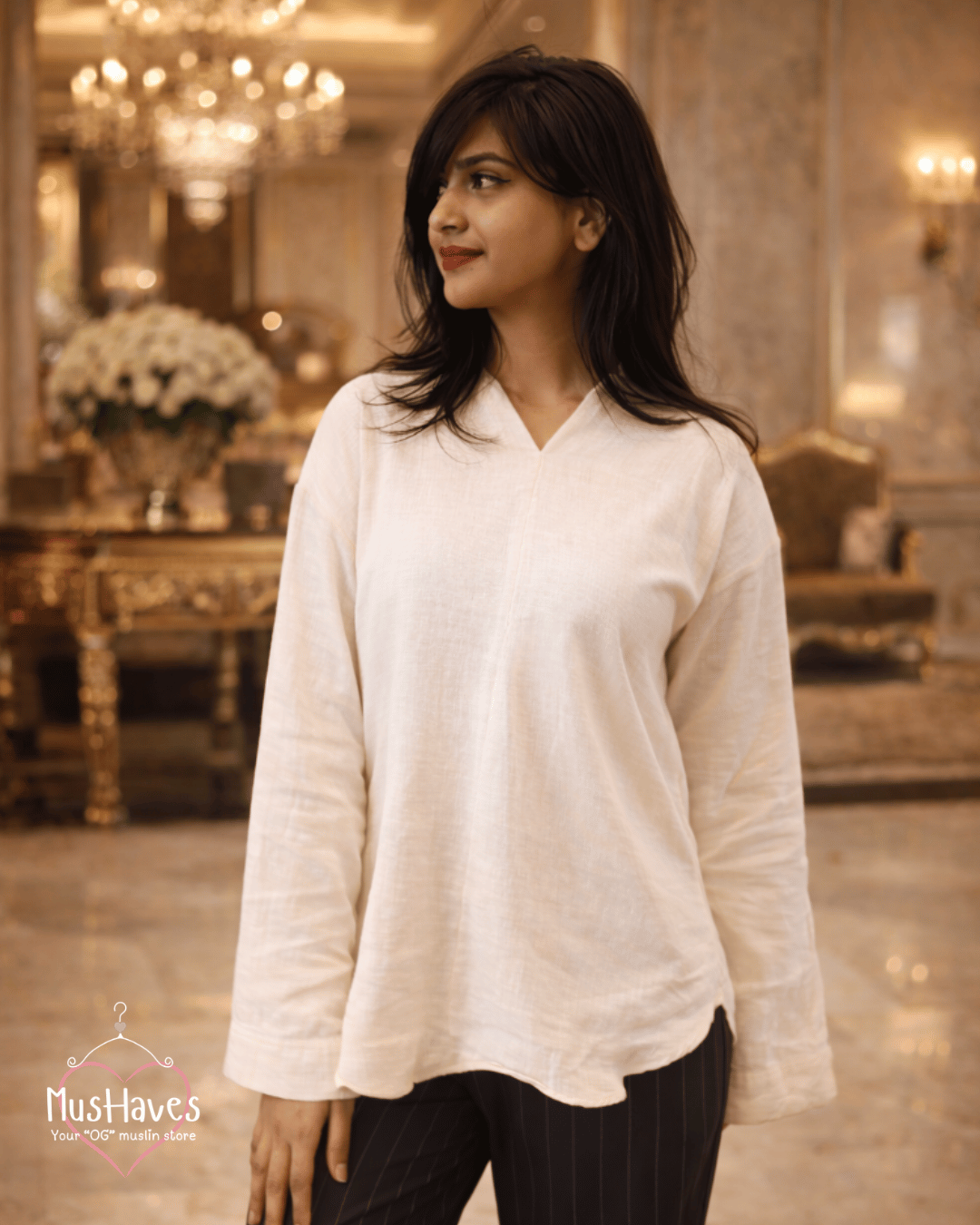Muslin Full Sleeve Formal Tunic Top – Pearl White