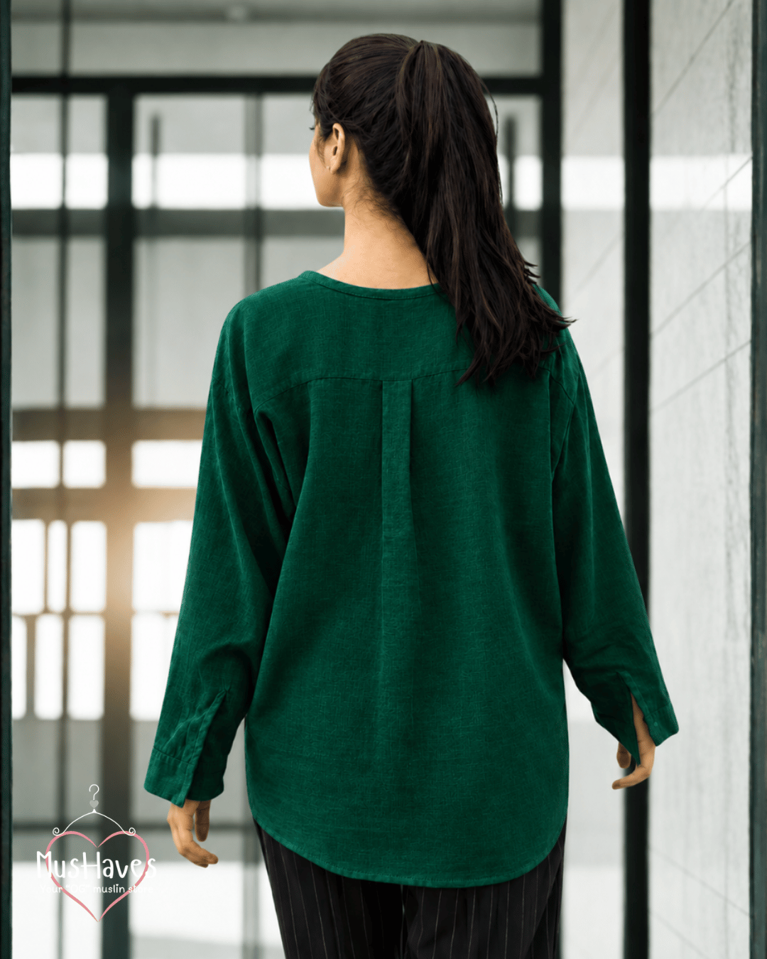 Muslin Full Sleeve Formal Tunic Top – Forest Green