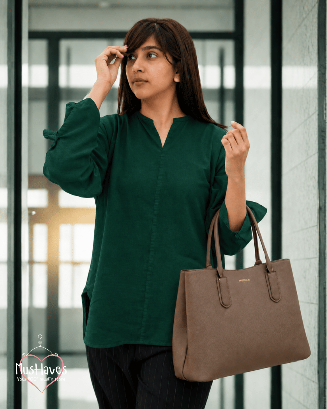 Muslin Full Sleeve Formal Tunic Top – Forest Green