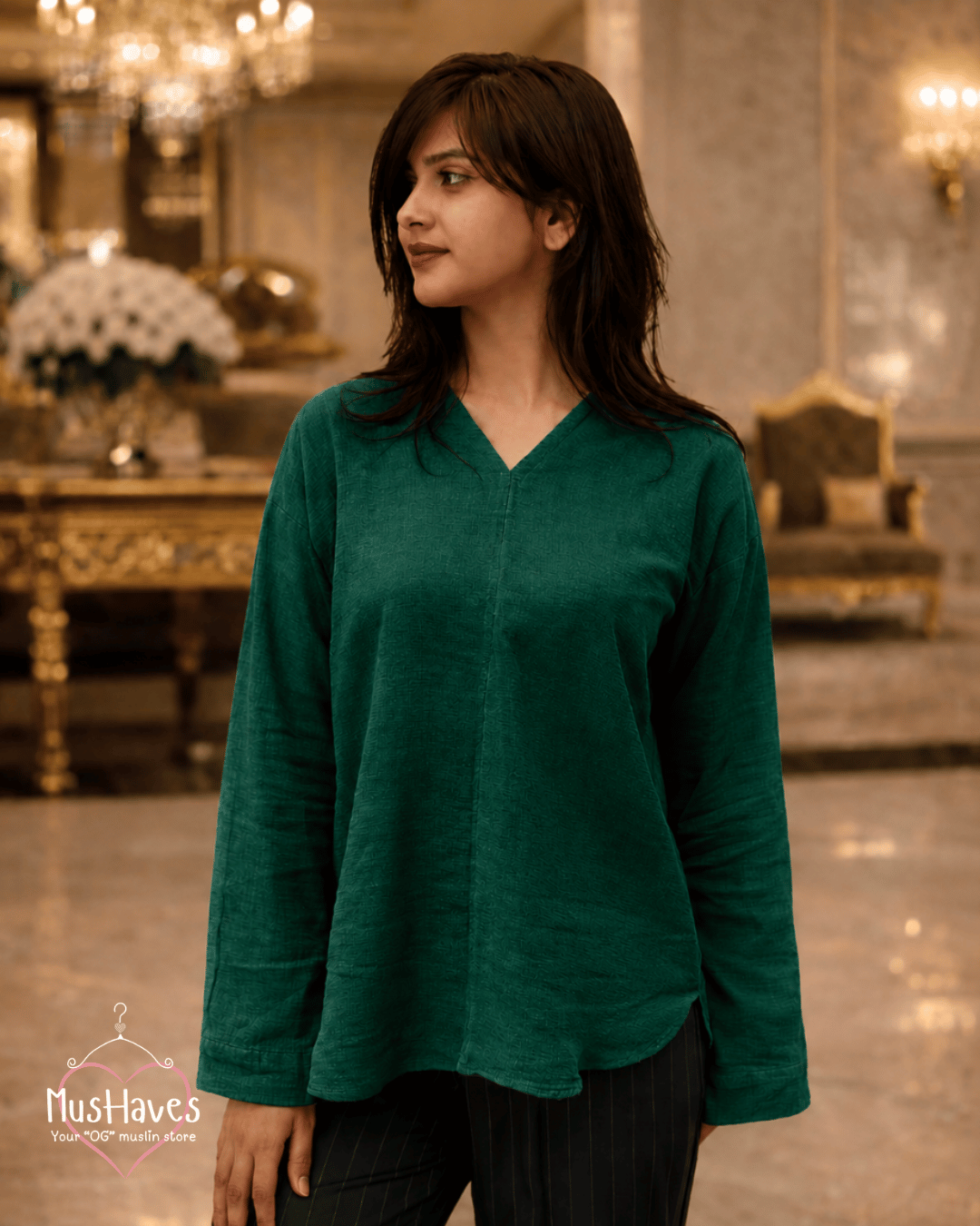 Muslin Full Sleeve Formal Tunic Top – Forest Green