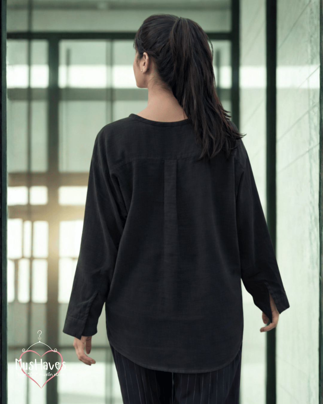 Women Premium Muslin Formal Blouse – 100% Double Gauze | Loose Fit | Silloute | Slit Round Neck | Charcoal Black