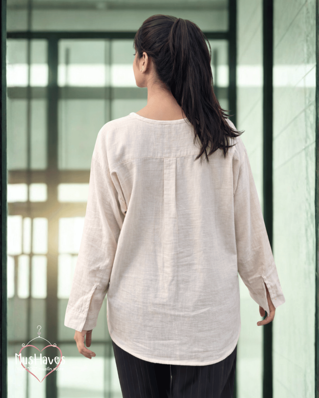 Women Premium Muslin Formal Blouse – 100% Double Gauze | Loose Fit | Silloute | Slit Round Neck | Beige