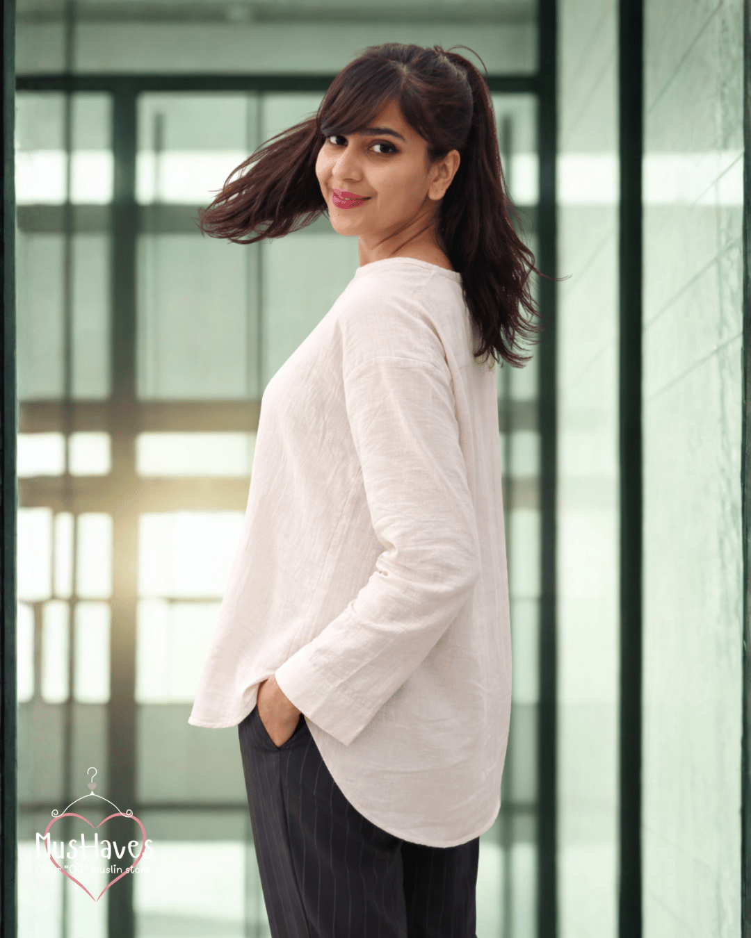 Women Premium Muslin Formal Blouse – 100% Double Gauze | Loose Fit | Silloute | Slit Round Neck | Beige