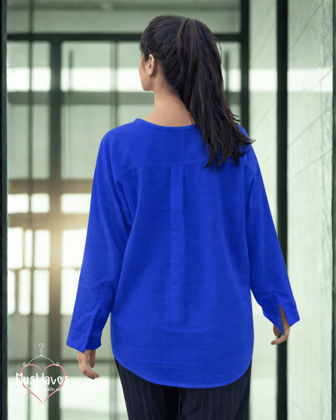 Women Premium Muslin Formal Blouse – 100% Double Gauze | Loose Fit | Silloute | Slit Round Neck | Cobalt Blue