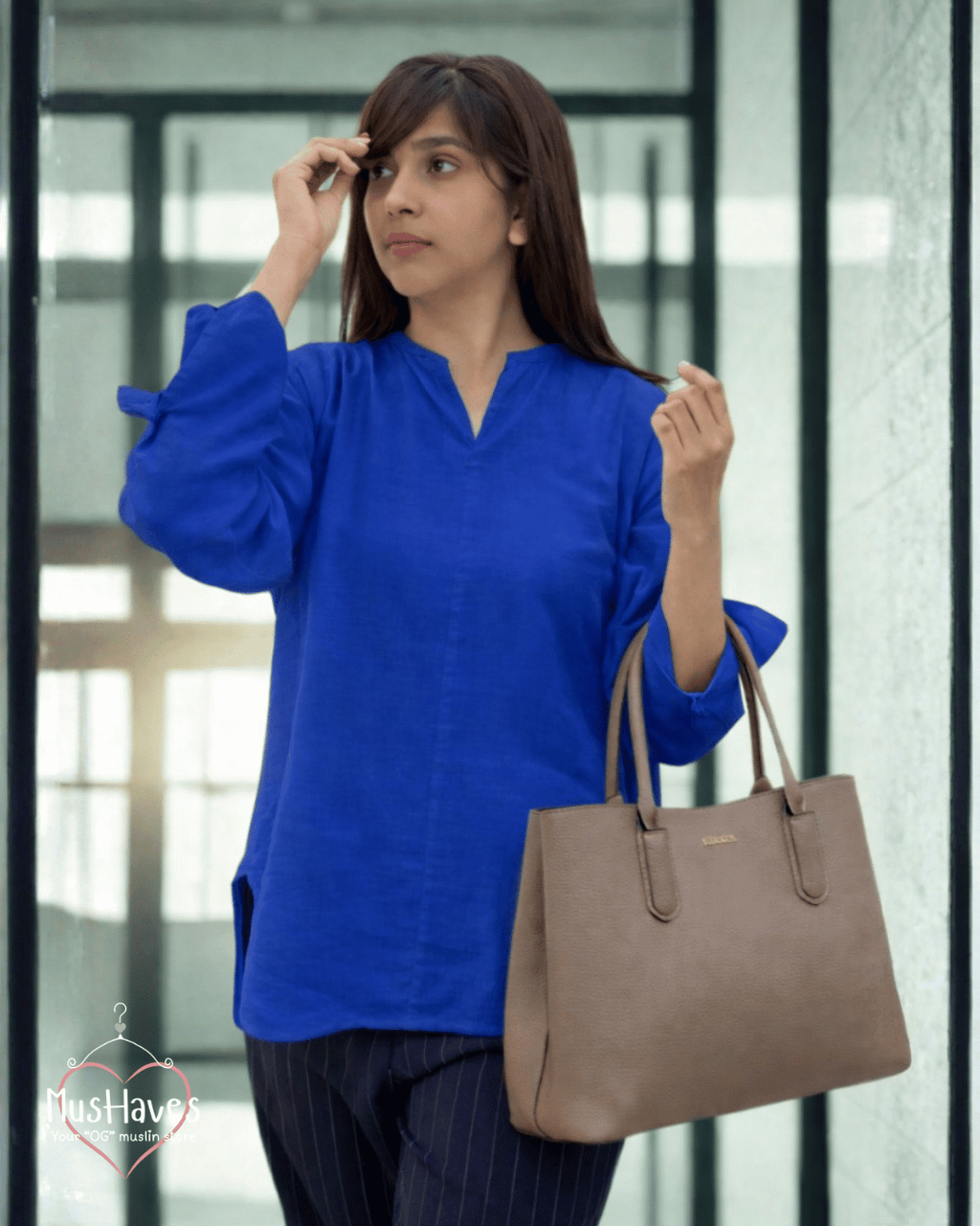 Muslin Full Sleeve Formal Tunic Top – Cobalt Blue