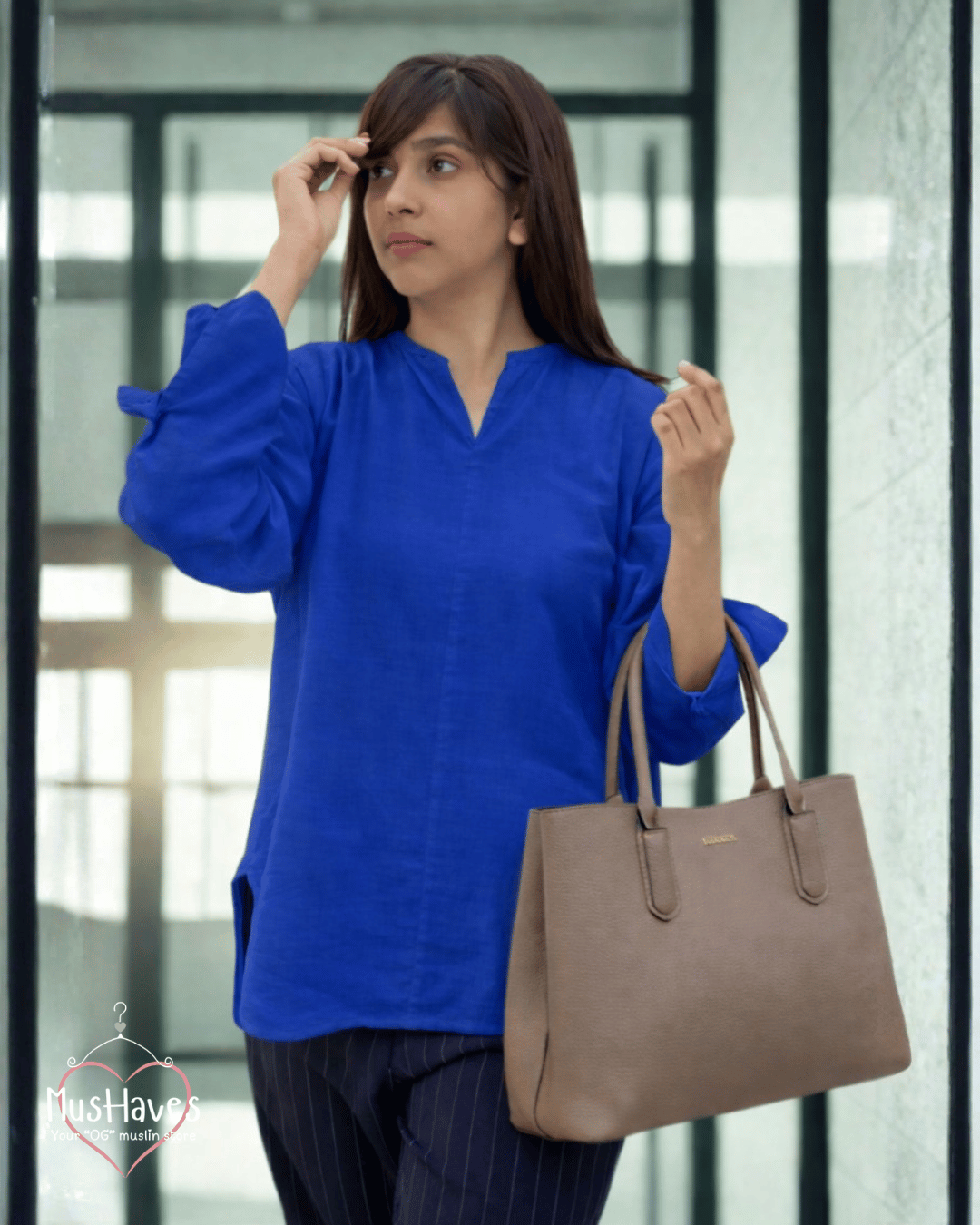 Women Premium Muslin Formal Blouse – 100% Double Gauze | Loose Fit | Silloute | Slit Round Neck | Cobalt Blue