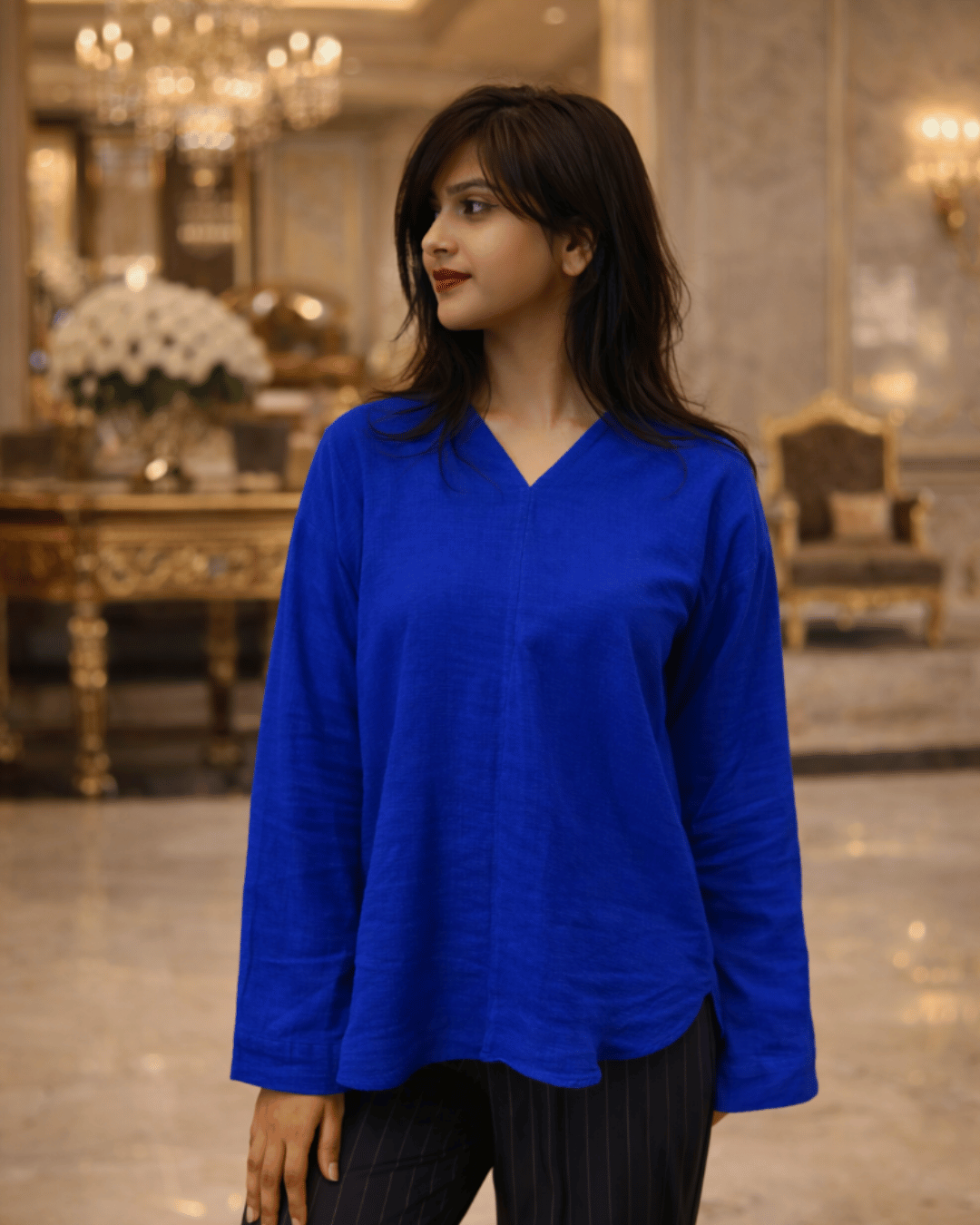 Women Premium Muslin Formal Blouse – 100% Double Gauze | Loose Fit | Silloute | Slit Round Neck | Cobalt Blue