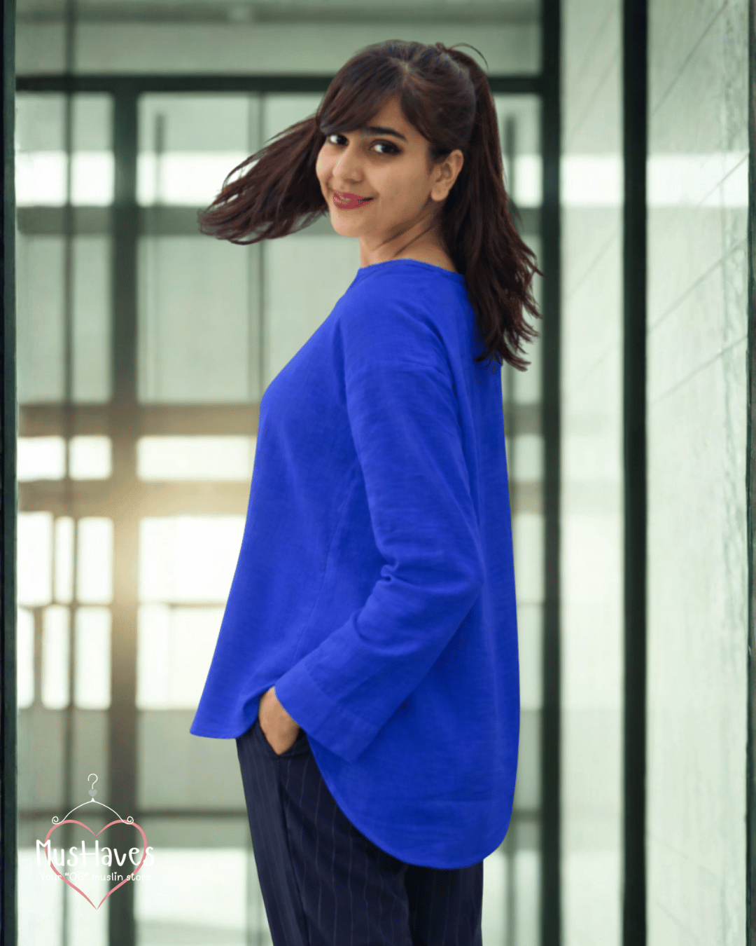 Women Premium Muslin Formal Blouse – 100% Double Gauze | Loose Fit | Silloute | Slit Round Neck | Cobalt Blue