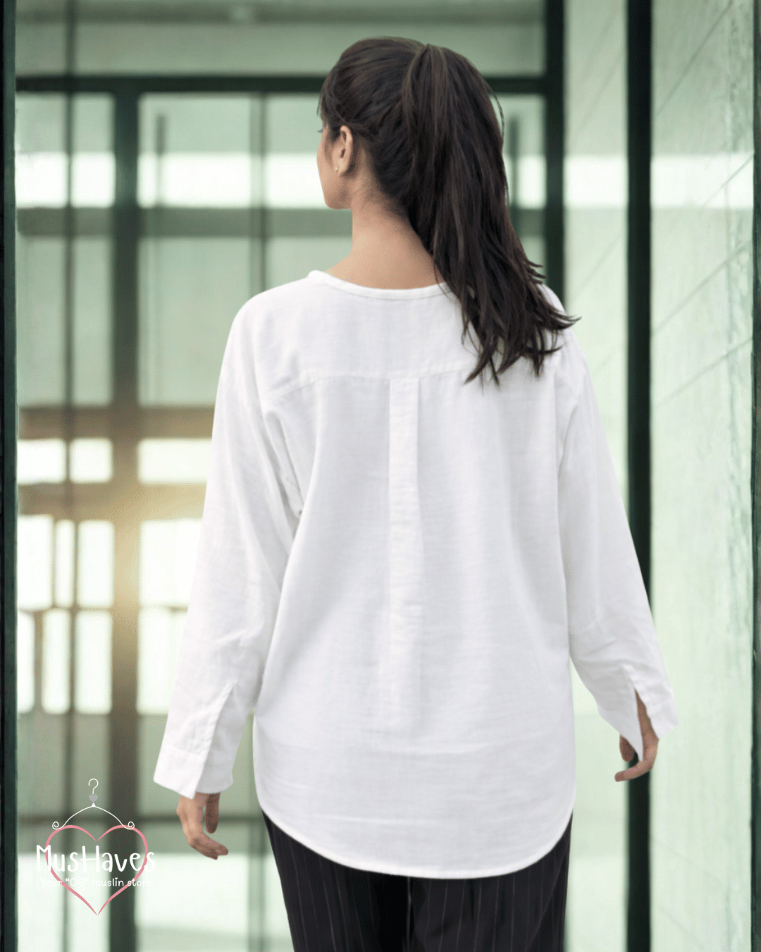 Women Premium Muslin Formal Blouse – 100% Double Gauze | Loose Fit | Silloute | Slit Round Neck | Pearl White