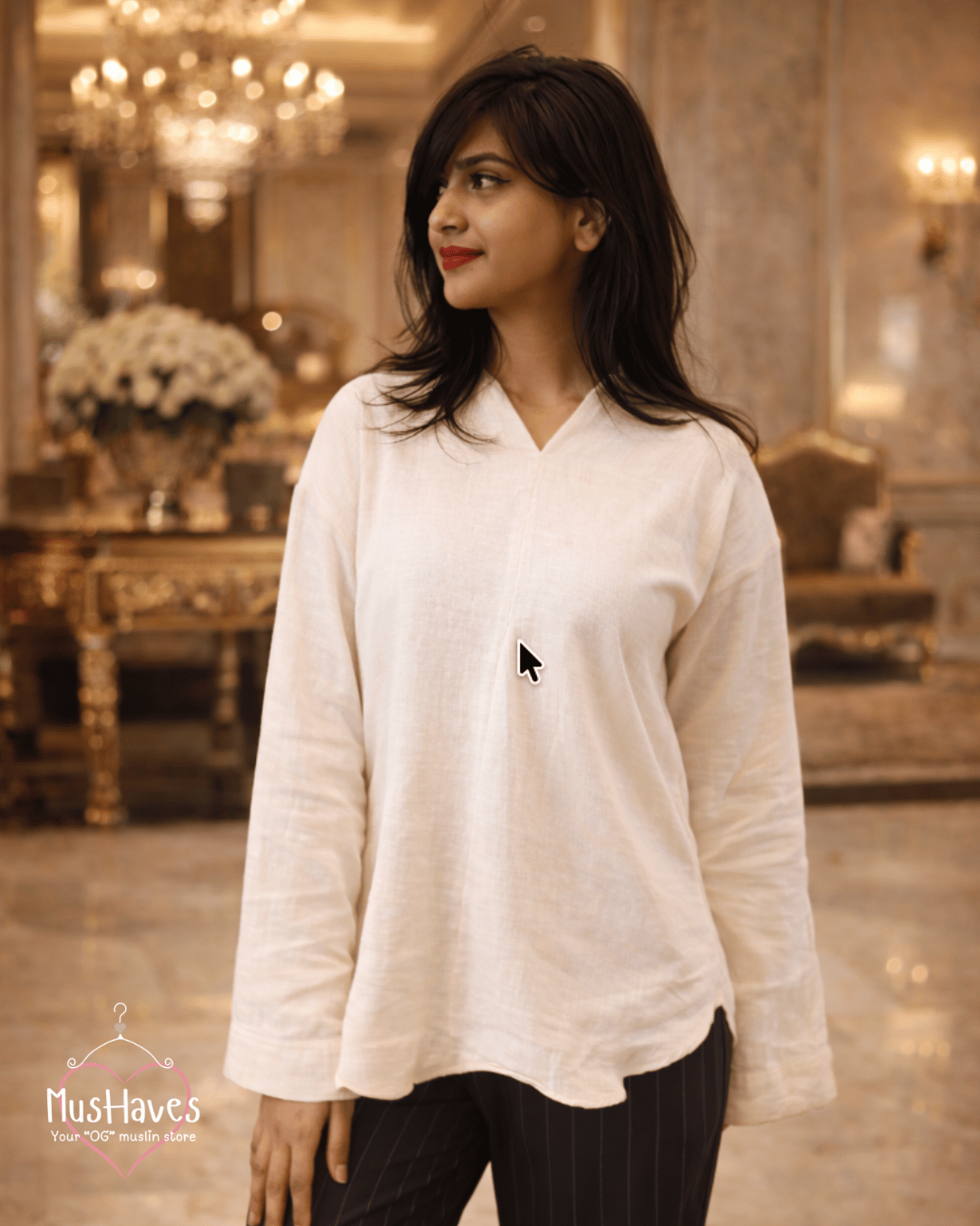 Women Premium Muslin Formal Blouse – 100% Double Gauze | Loose Fit | Silloute | Slit Round Neck | Pearl White