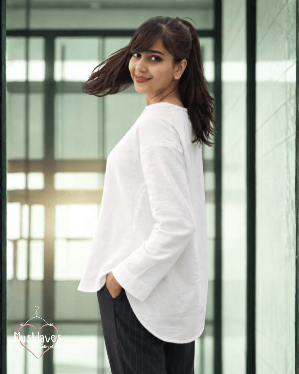 Muslin Full Sleeve Formal Tunic Top – Pearl White