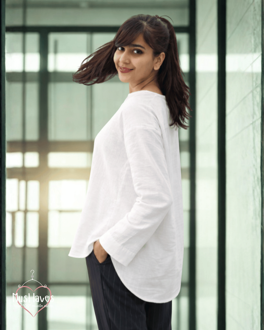 Women Premium Muslin Formal Blouse – 100% Double Gauze | Loose Fit | Silloute | Slit Round Neck | Pearl White