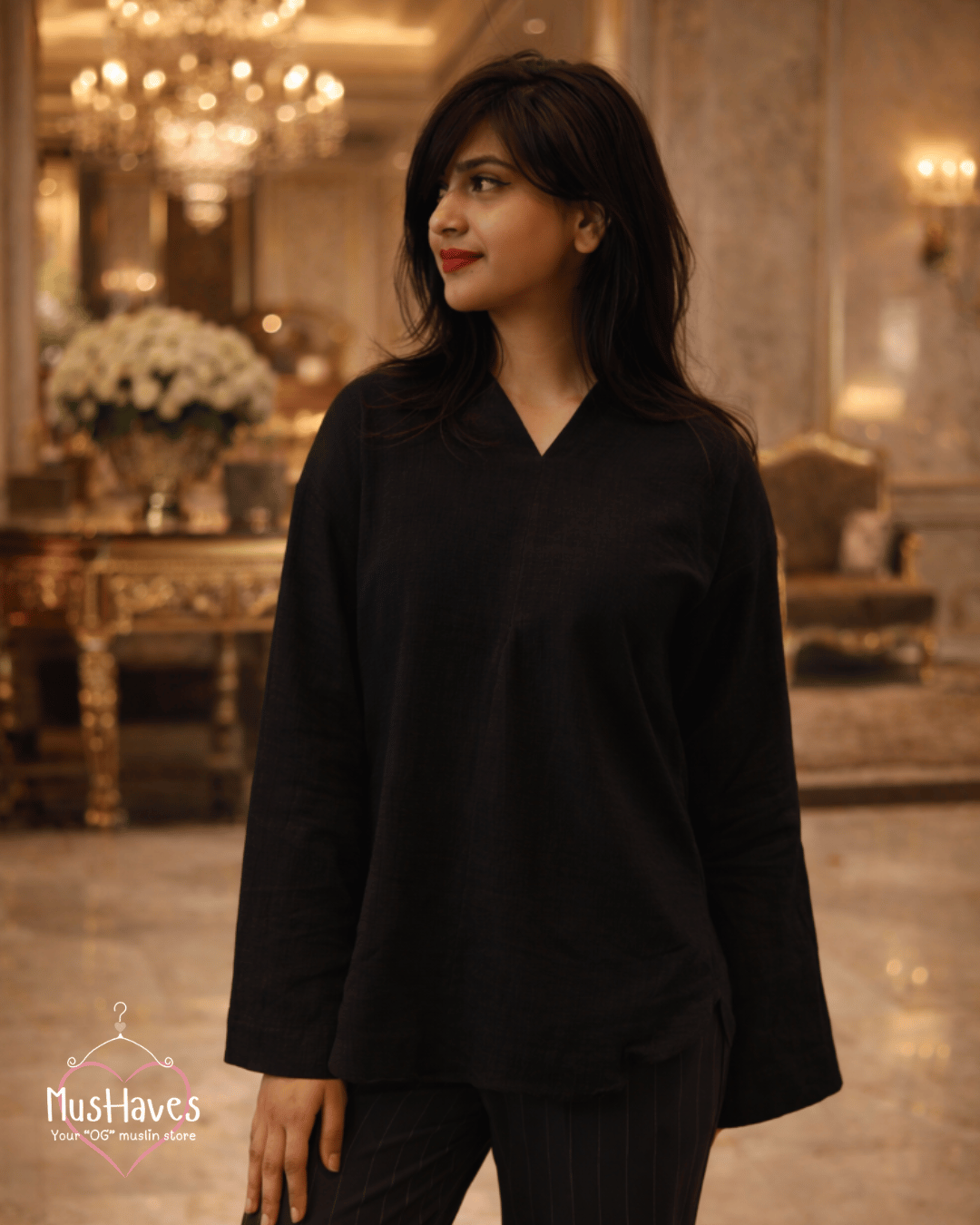 Women Premium Muslin Formal Blouse – 100% Double Gauze | Loose Fit | Silloute | Slit Round Neck | Charcoal Black