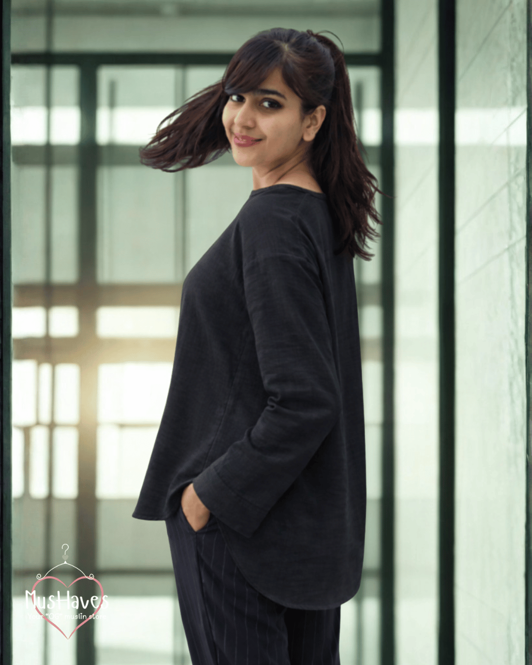 Women Premium Muslin Formal Blouse – 100% Double Gauze | Loose Fit | Silloute | Slit Round Neck | Charcoal Black