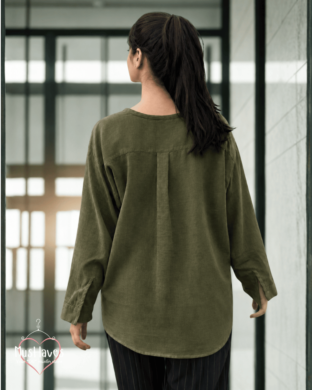 Muslin Full Sleeve Formal Tunic Top – Olive Green