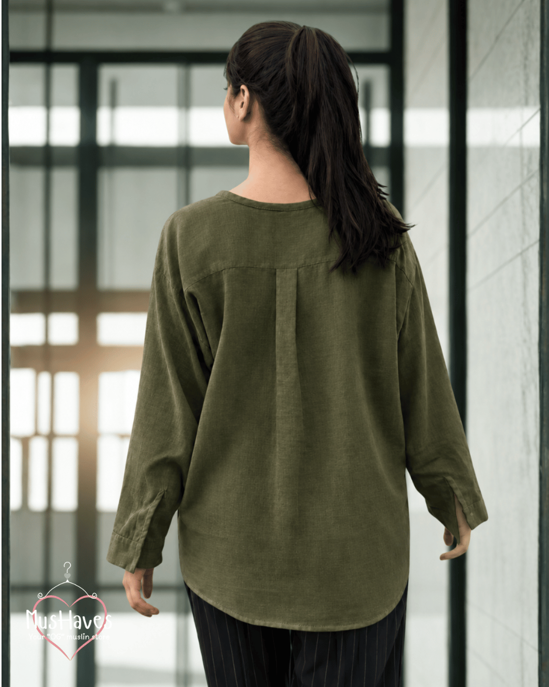 Muslin Full Sleeve Formal Tunic Top – Olive Green