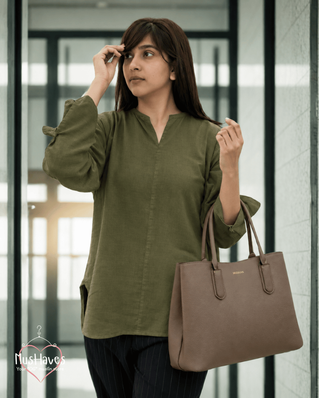 Muslin Full Sleeve Formal Tunic Top – Olive Green