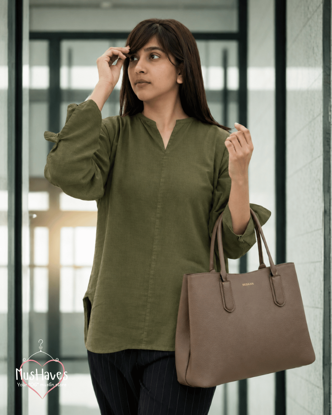 Muslin Full Sleeve Formal Tunic Top – Olive Green