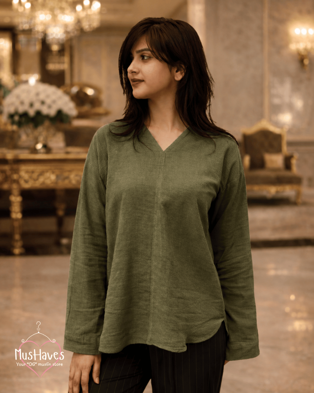 Muslin Full Sleeve Formal Tunic Top – Olive Green