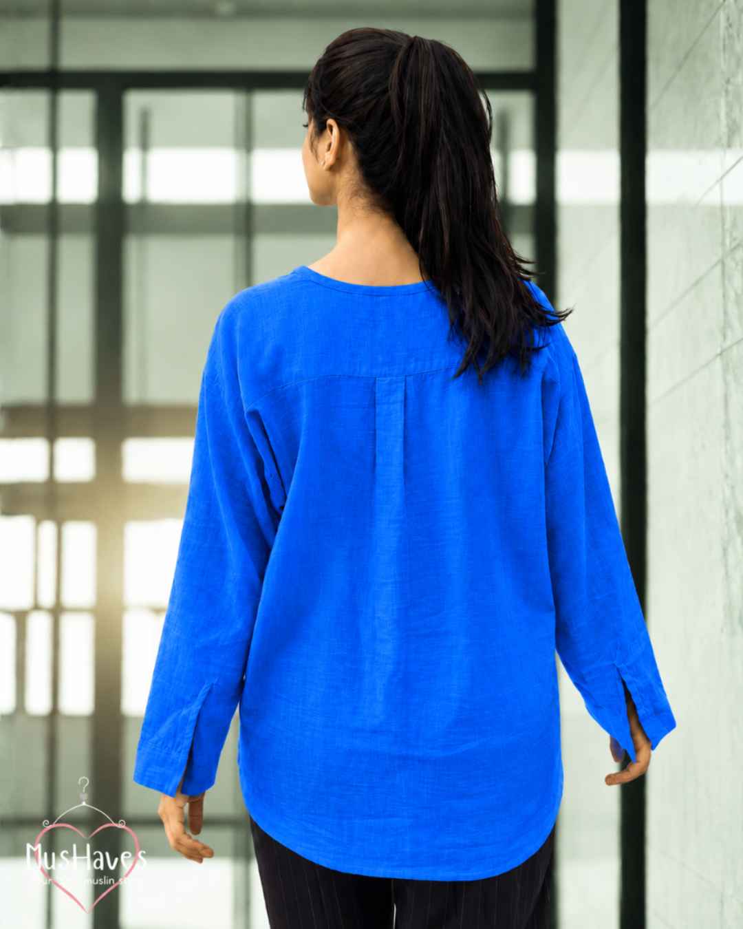 Muslin Full Sleeve Formal Tunic Top – Bright Blue