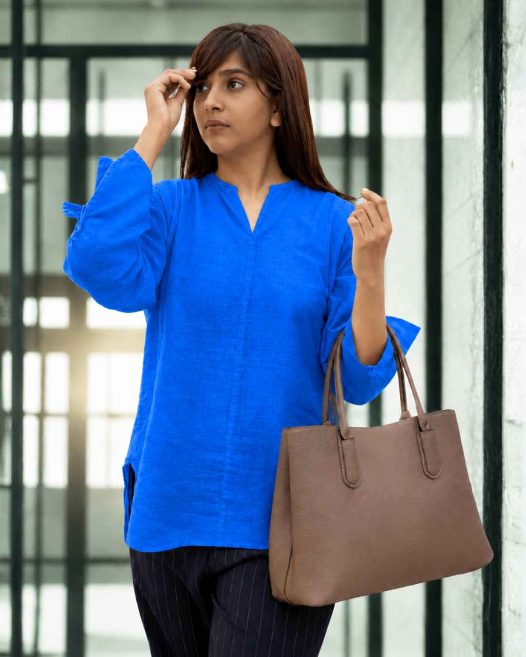 Muslin Full Sleeve Formal Tunic Top – Bright Blue