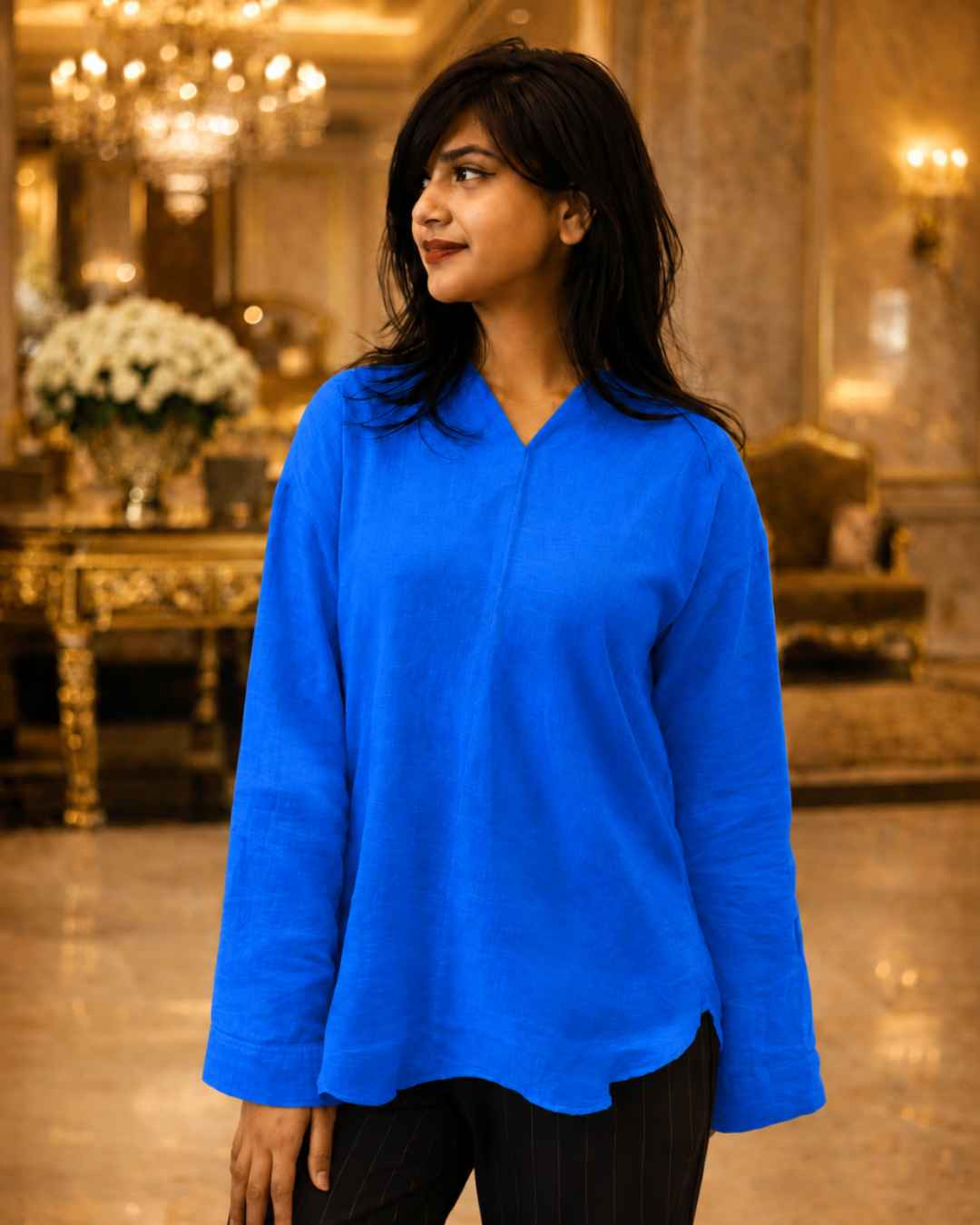 Muslin Full Sleeve Formal Tunic Top – Bright Blue