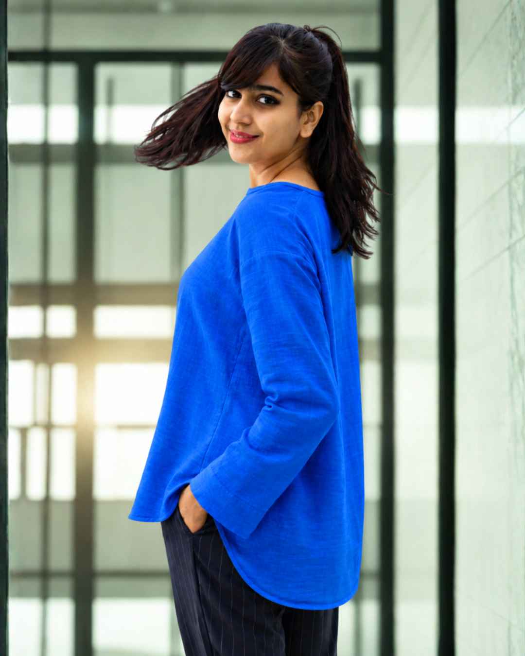 Muslin Full Sleeve Formal Tunic Top – Bright Blue