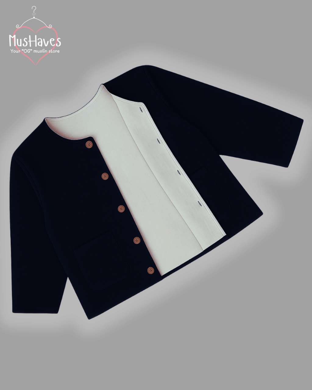 Premium Muslin Jacket | Women | 100% Organic Cotton | Mulmul | 4-Layer | 6-Layers | Reversible | Round Neck | 10°C to 25°C | Charcoal Black + Pearl White