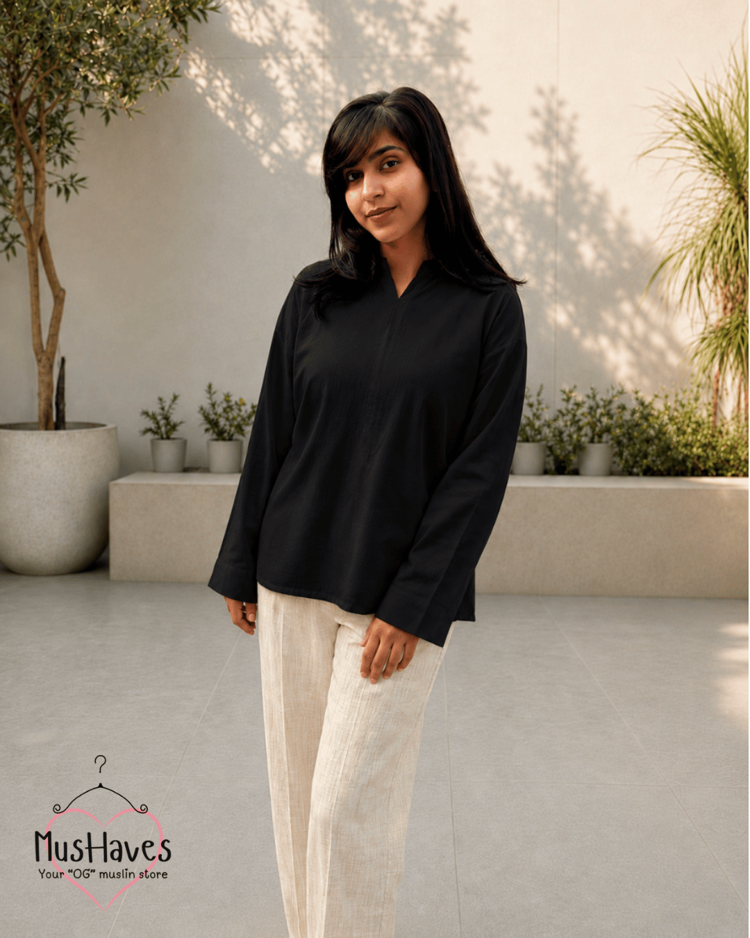 Muslin Longline Formal Tunic Top & Trouser Set – Black × Beige