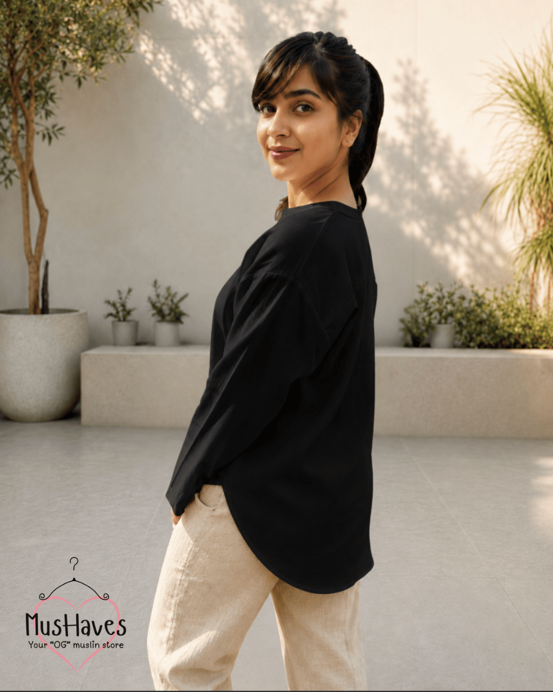 Muslin Longline Formal Tunic Top & Trouser Set – Black × Beige