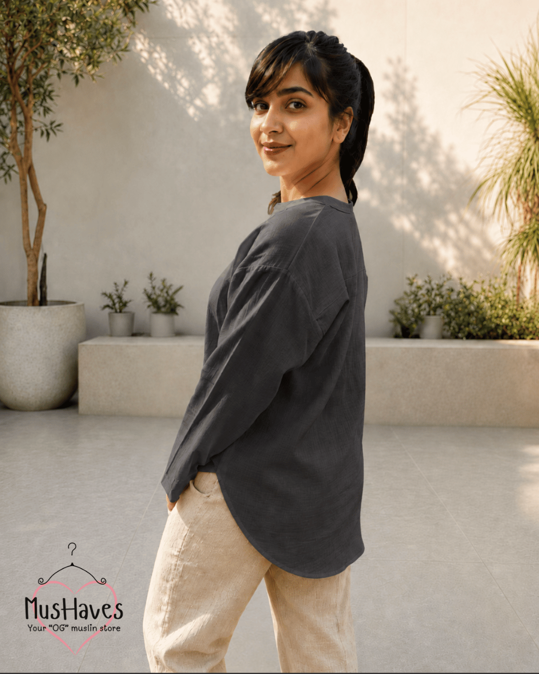 Muslin Longline Formal Tunic Top & Trouser Set – Grey × Beige