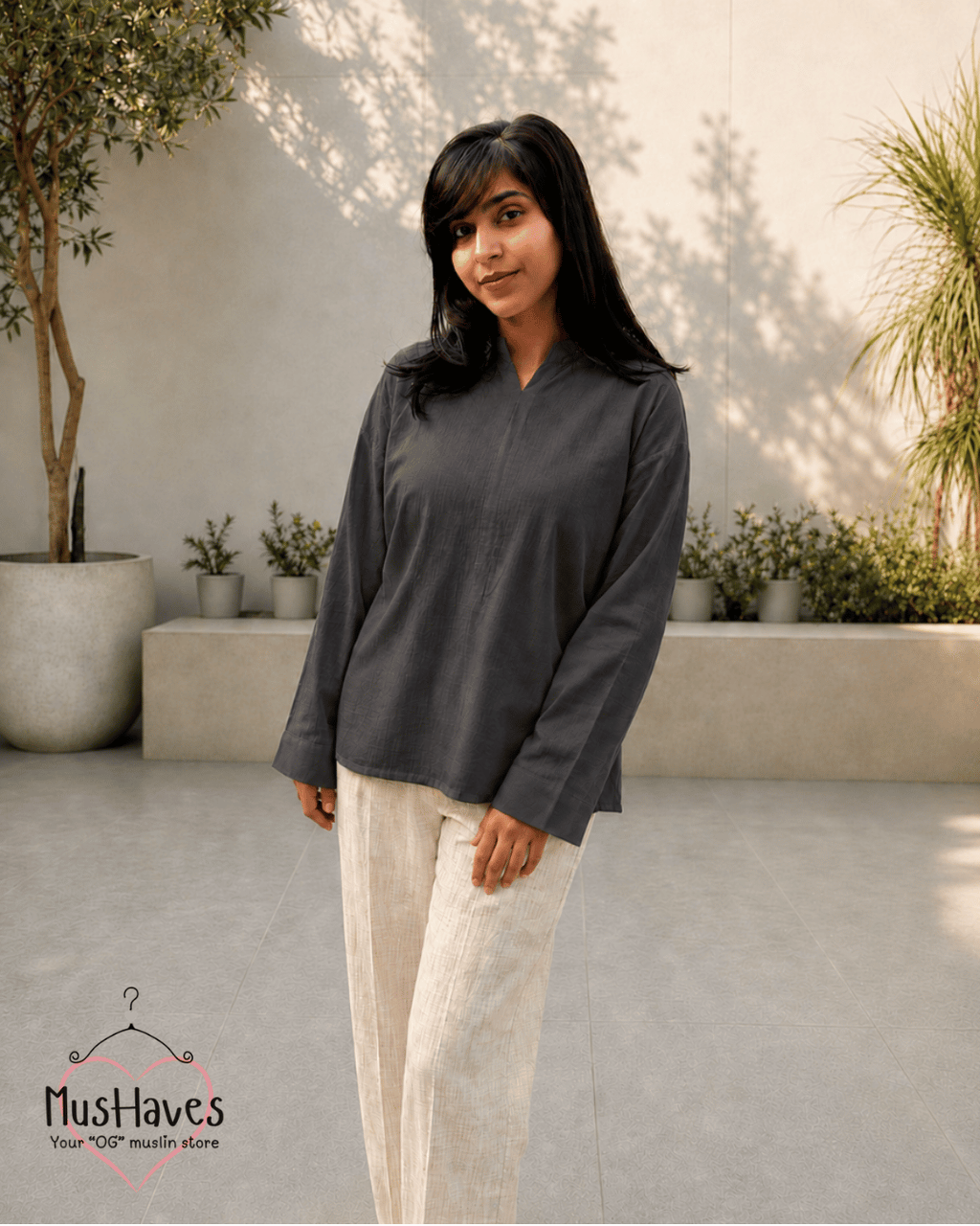Muslin Longline Formal Tunic Top & Trouser Set – Grey × Beige